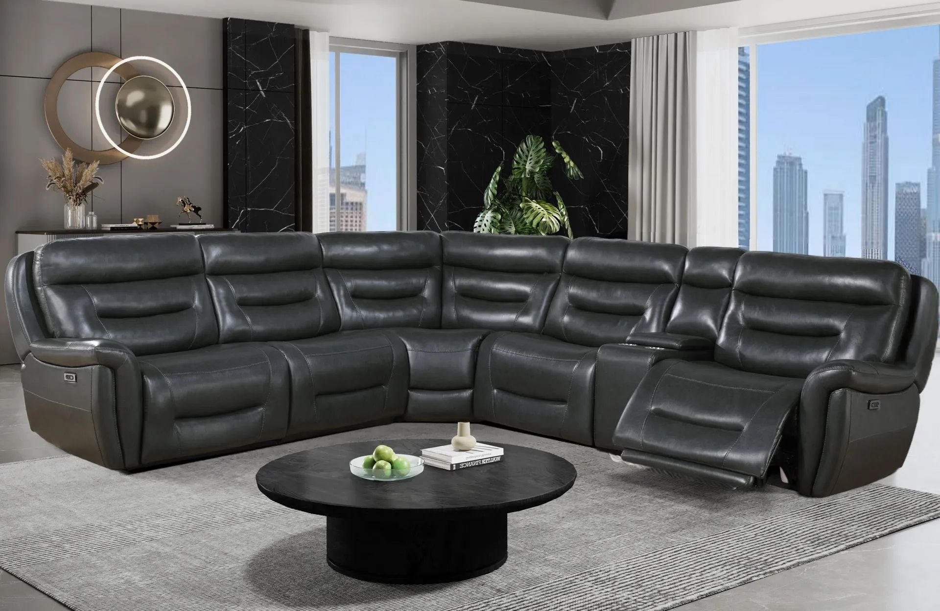 A living room with a sectional couch and a coffee table.