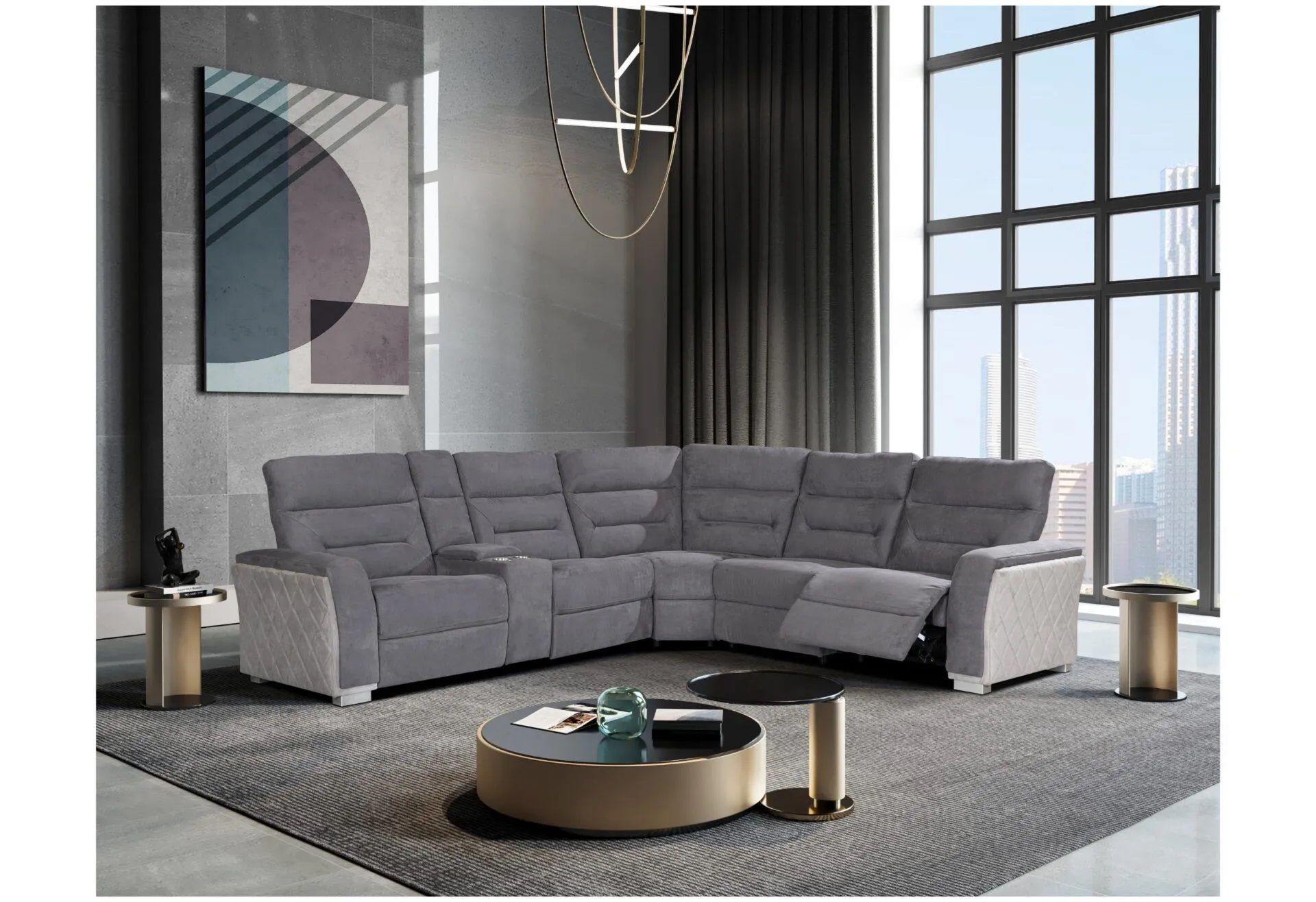 A living room with a sectional couch and a coffee table
