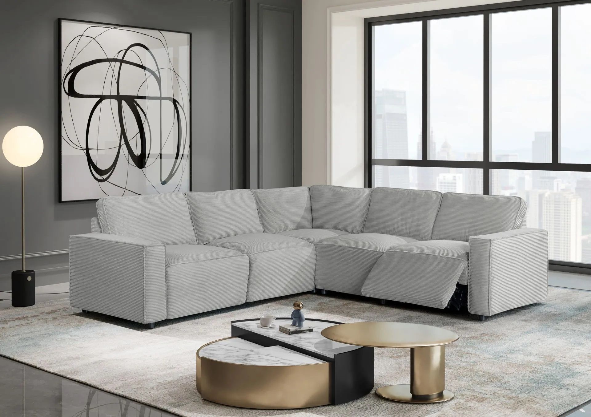 A living room with a white sectional couch and two coffee tables.