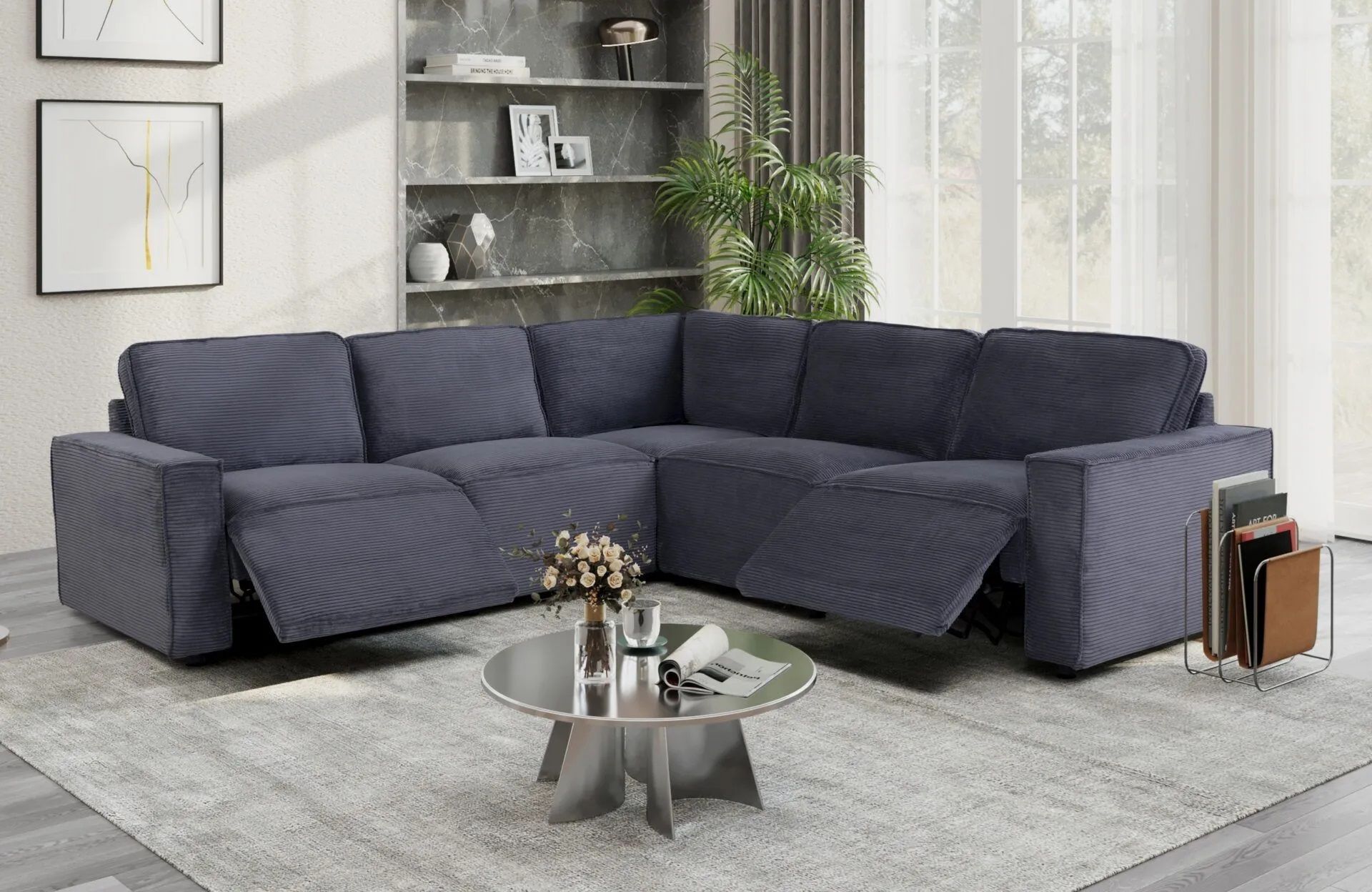 A living room with a large sectional couch and a coffee table.