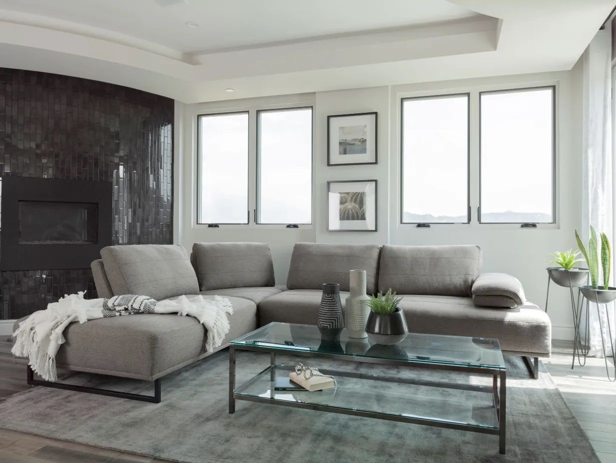 A living room with a couch and a coffee table