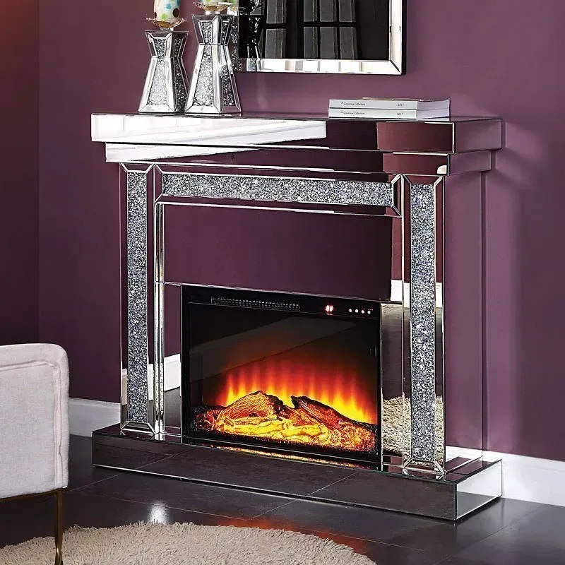 A fireplace in a living room with purple walls