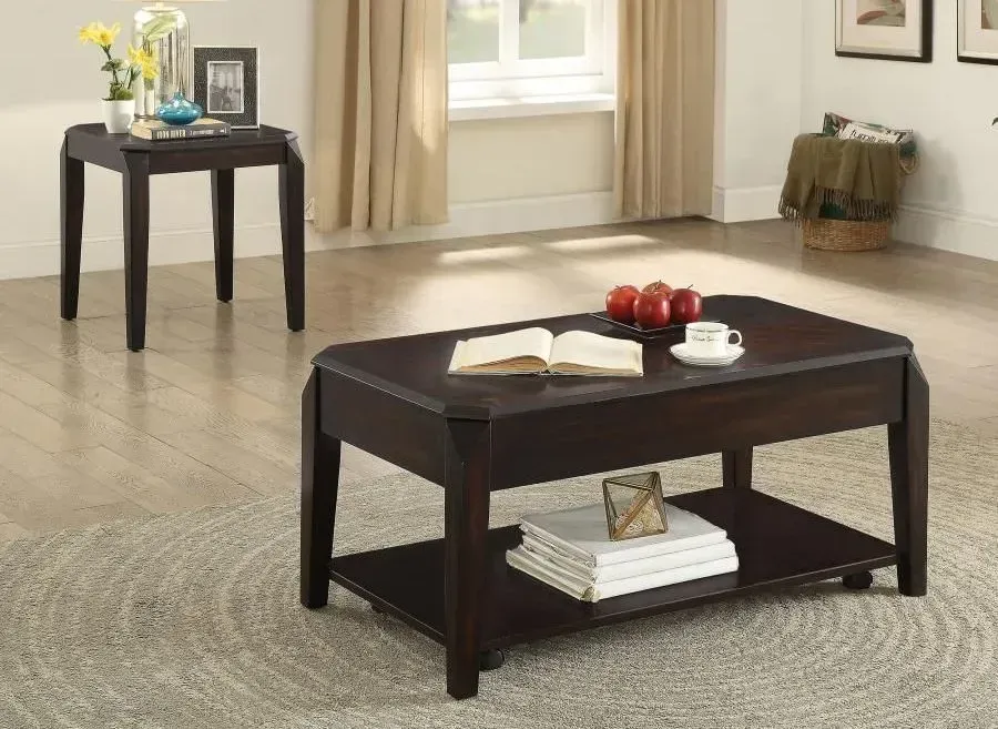 A living room with a coffee table and two end tables
