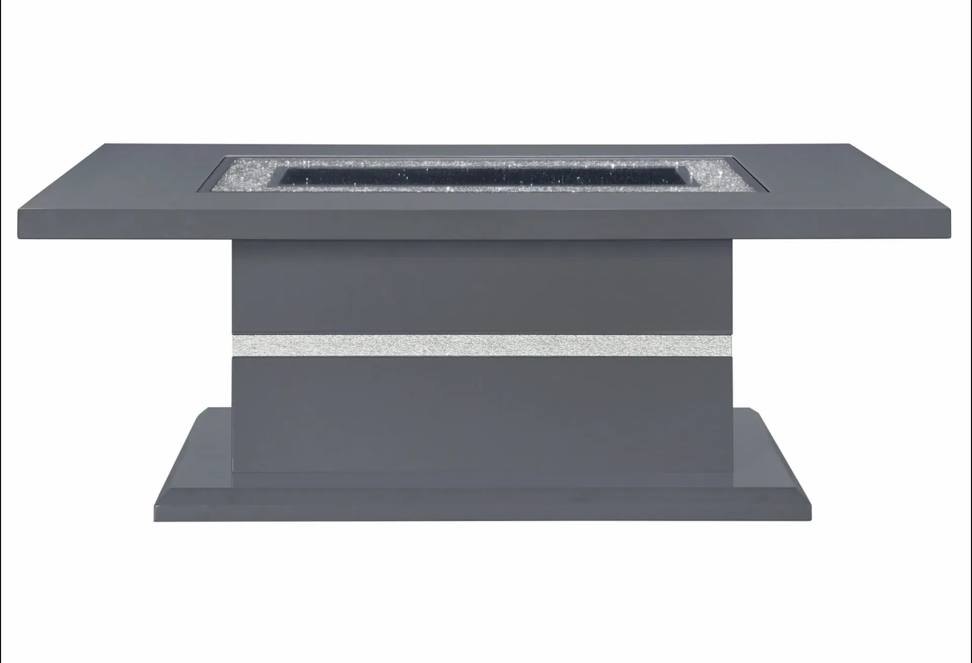 A gray coffee table with a fire pit in the middle on a white background.