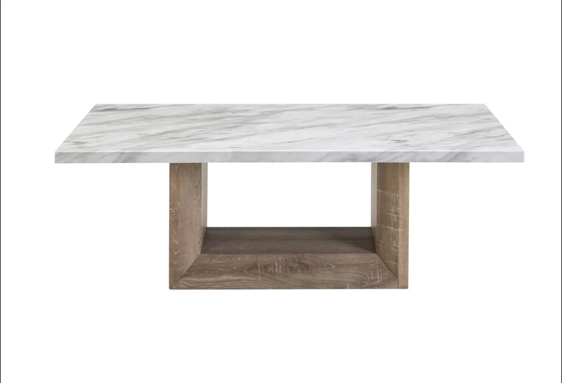 A coffee table with a marble top and wooden base on a white background.