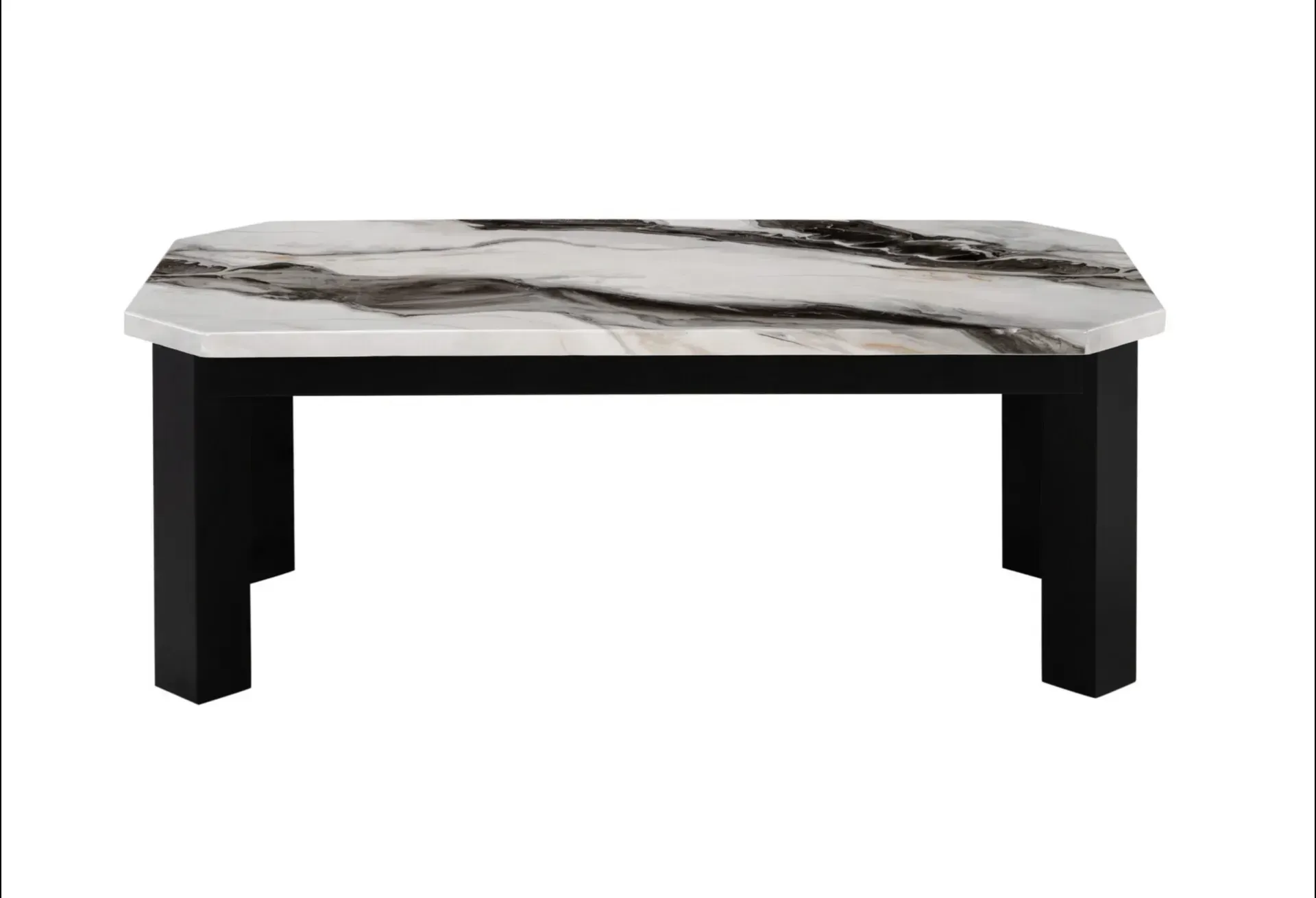 A coffee table with a marble top and black legs on a white background.