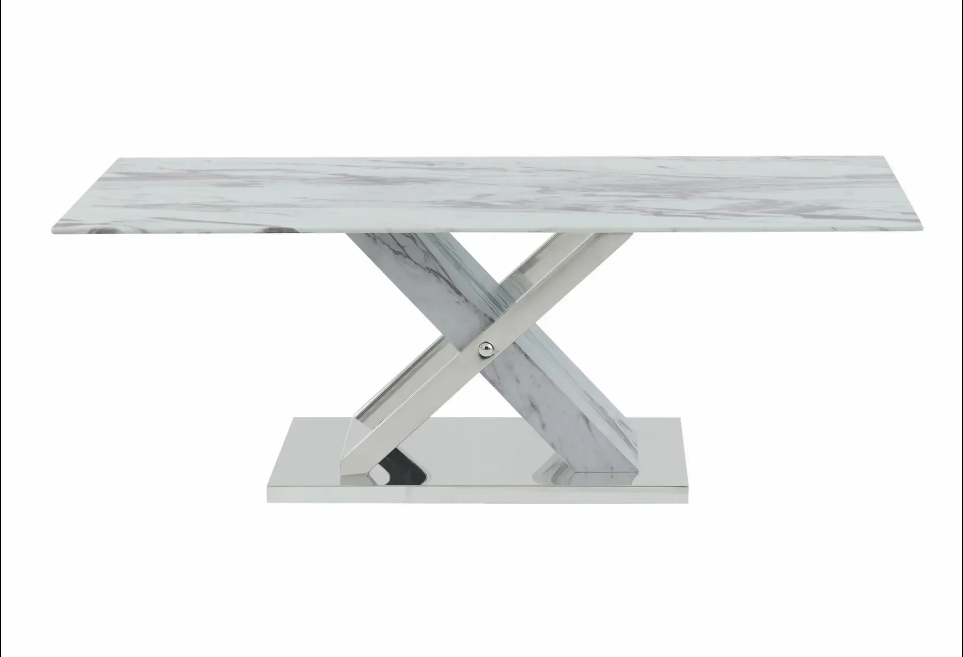 A white marble coffee table with a chrome base