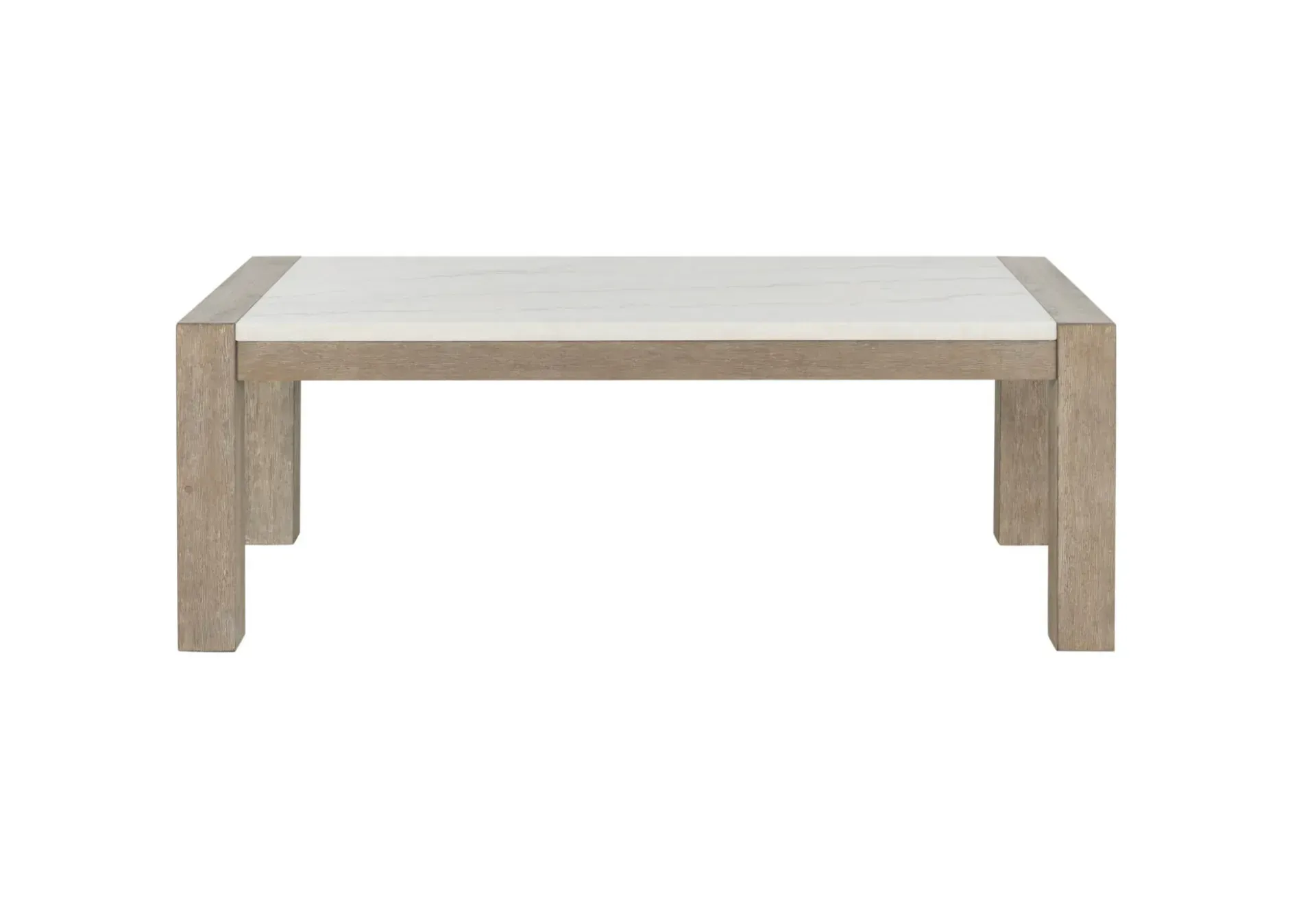 A coffee table with a white top and wooden legs on a white background.