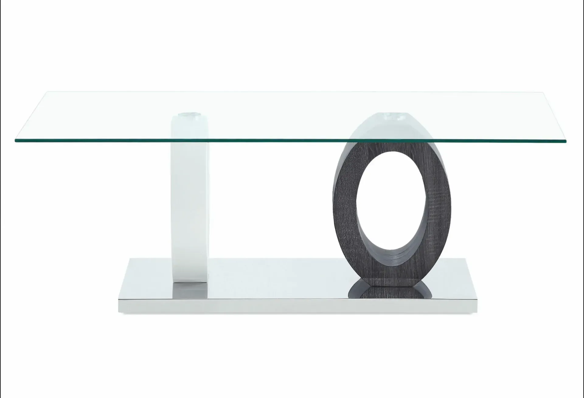 A glass table with a black circle on the base