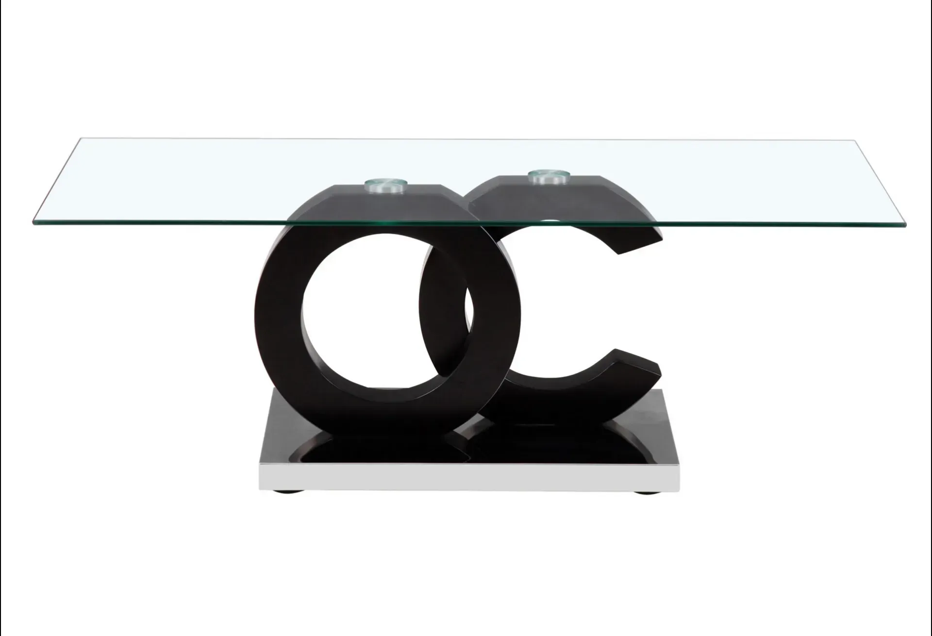 A glass coffee table with two black circles on the base