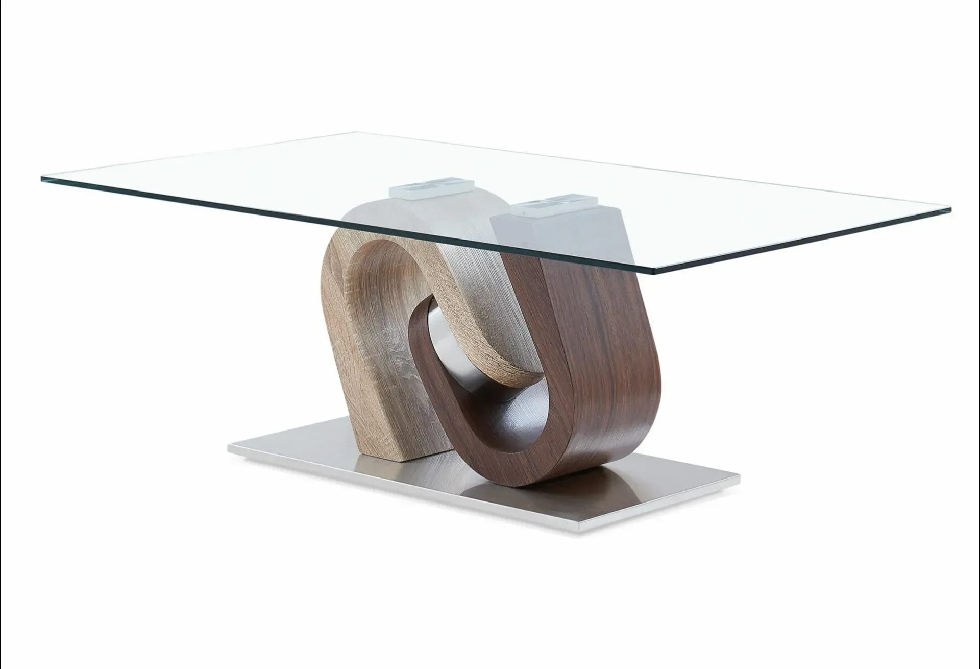 A glass coffee table with a wooden base on a white background