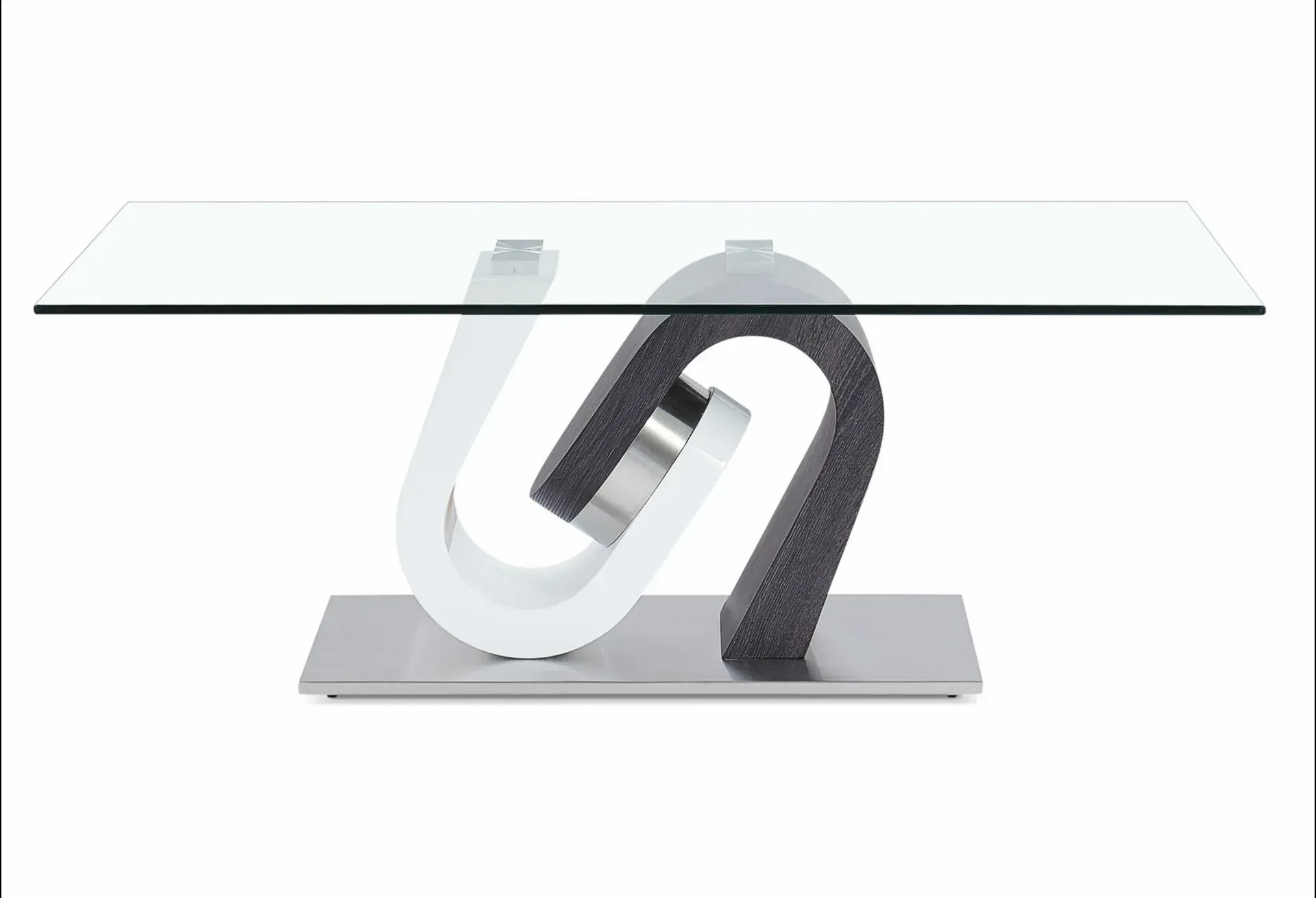 A glass coffee table with a black and white base on a white background.