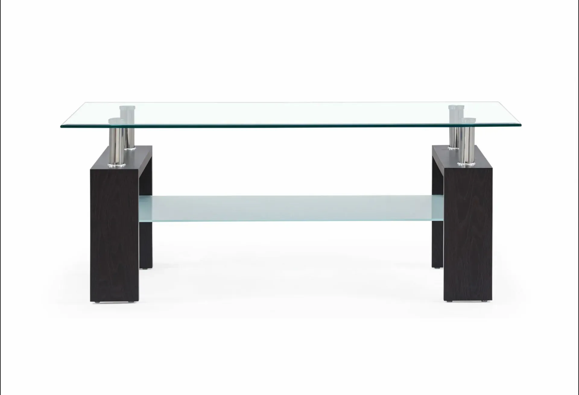 A coffee table with a glass top and a wooden base on a white background.