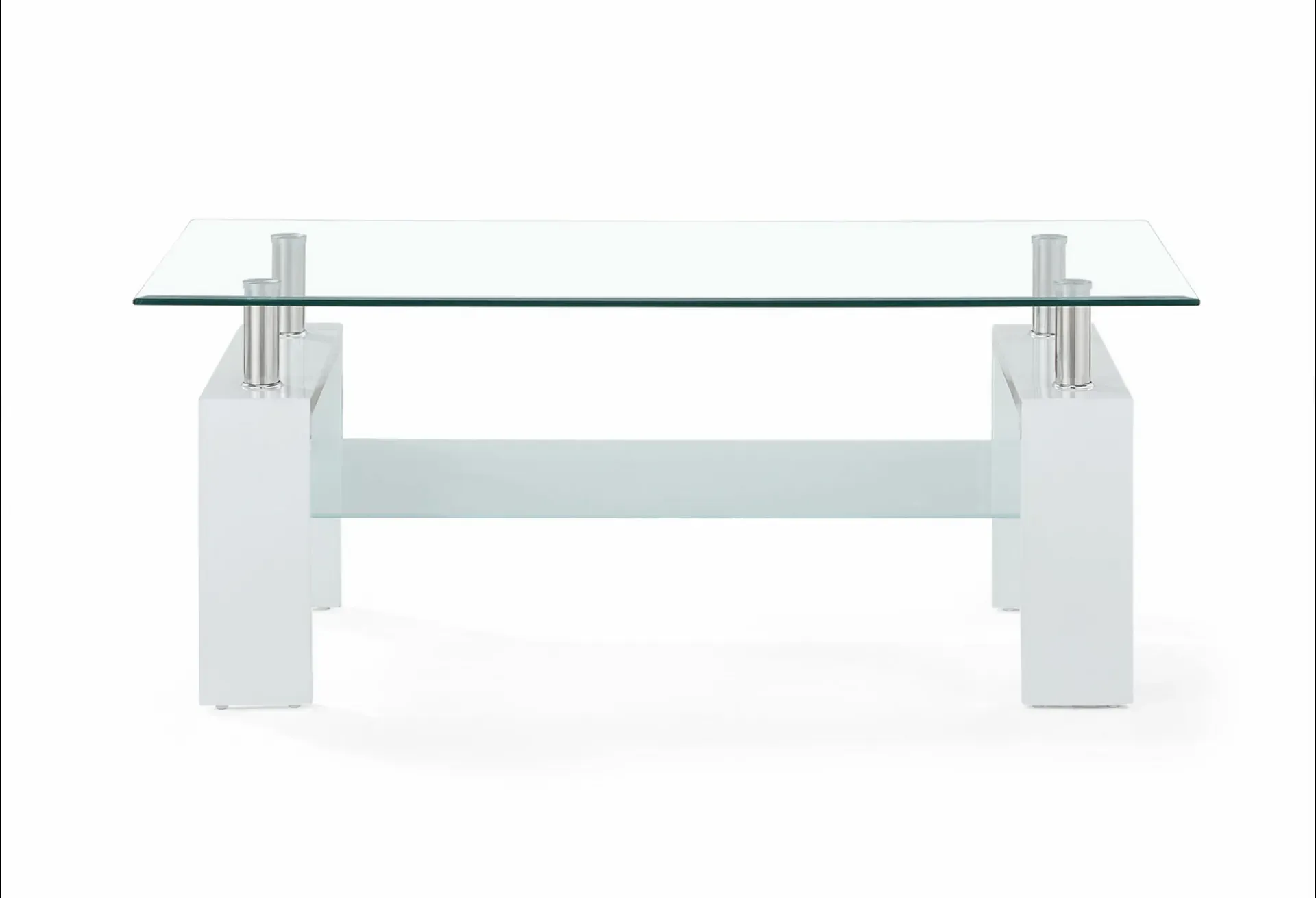 A white coffee table with a clear glass top on a white background.