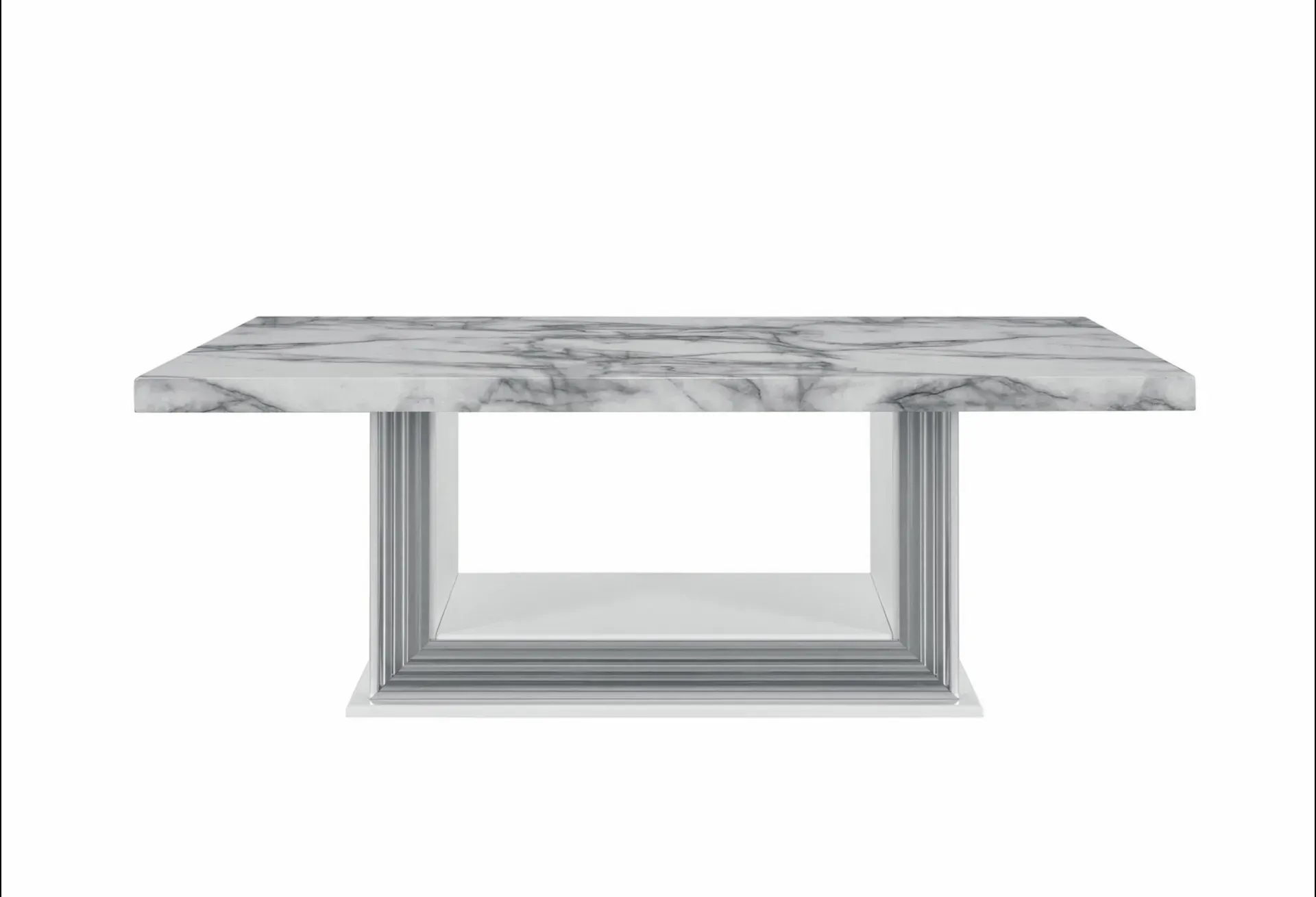 A coffee table with a marble top and a metal frame on a white background.