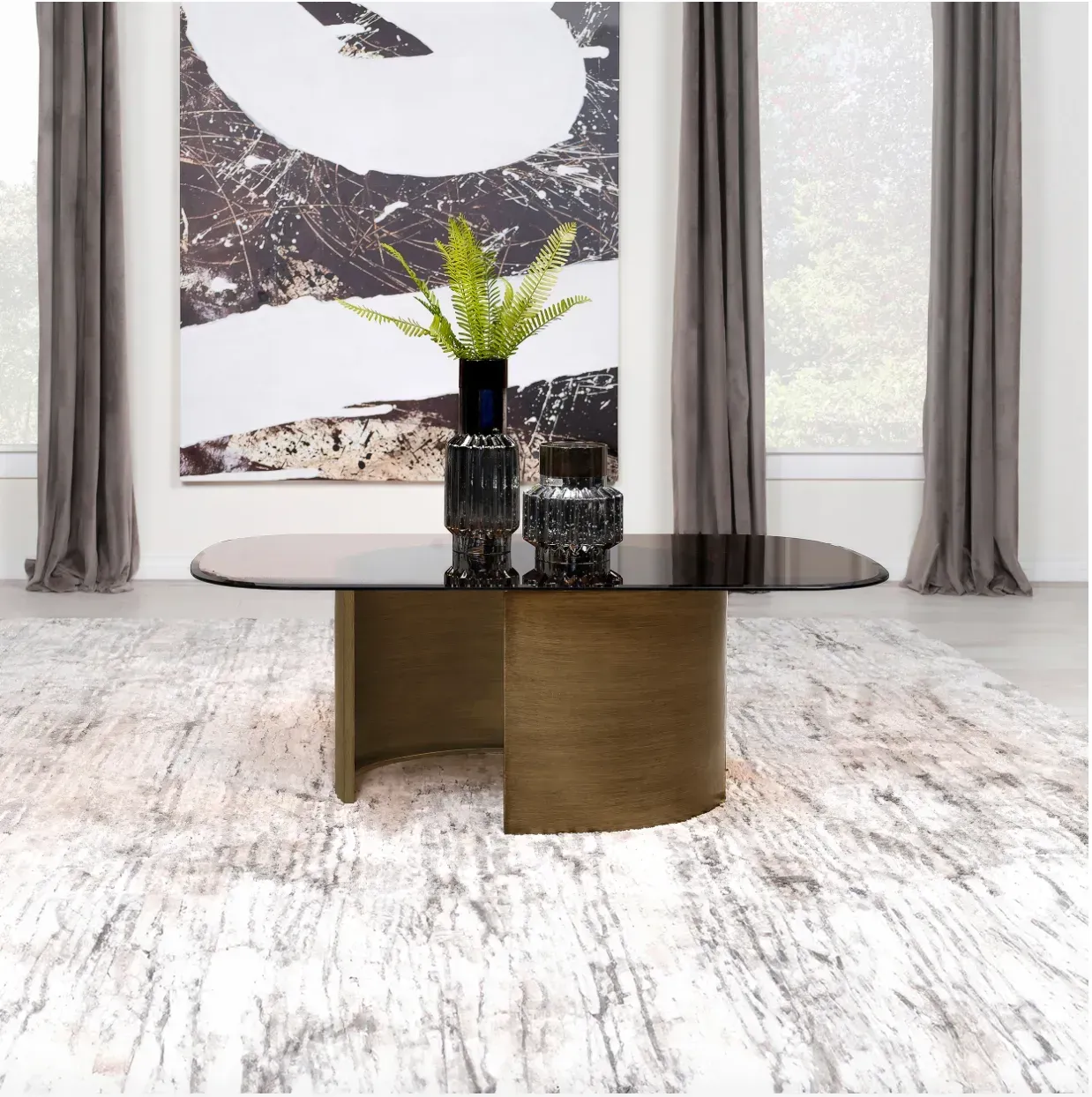 A table with a plant on top of it in a living room