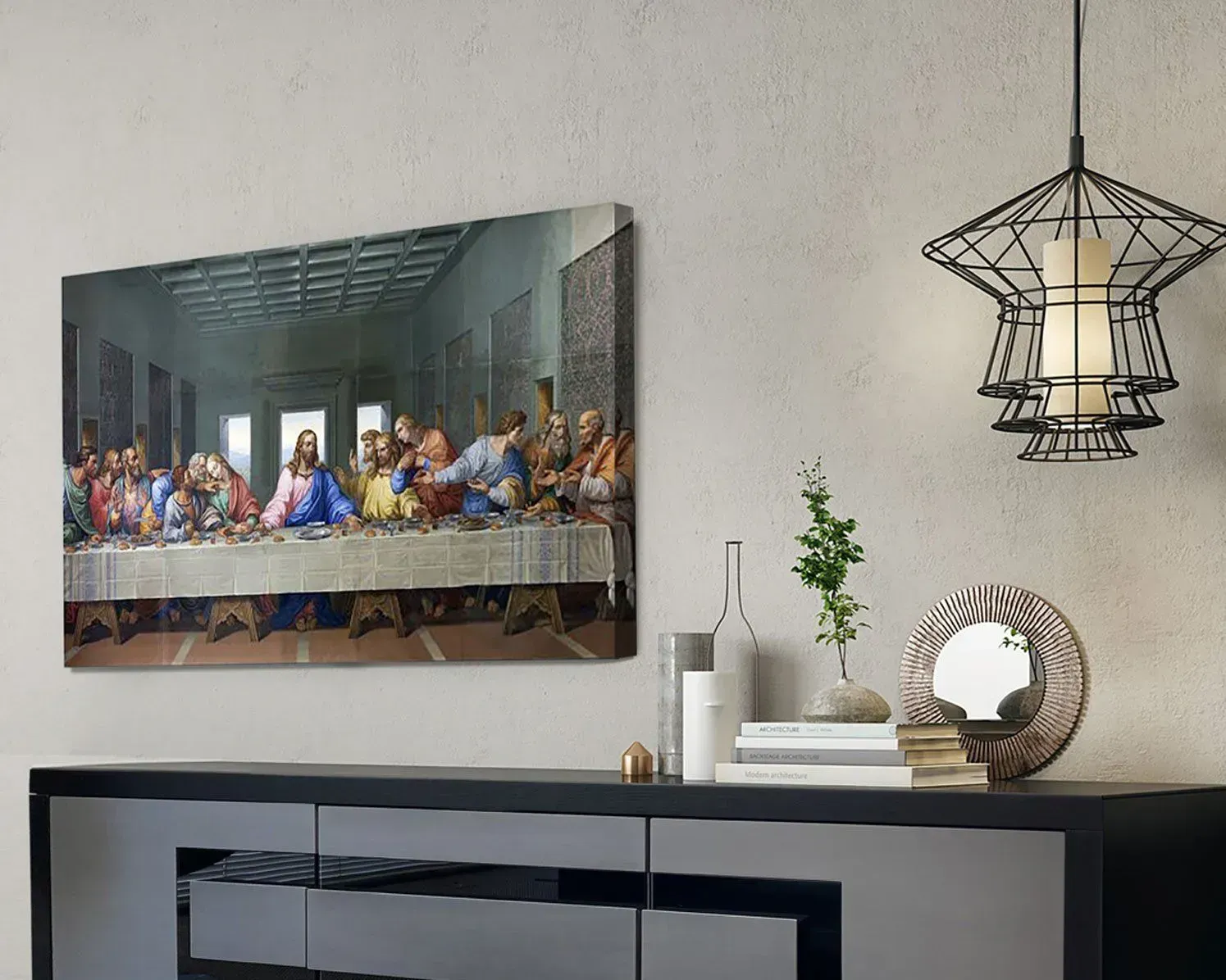 A painting of the last supper is hanging on a wall above a dresser.