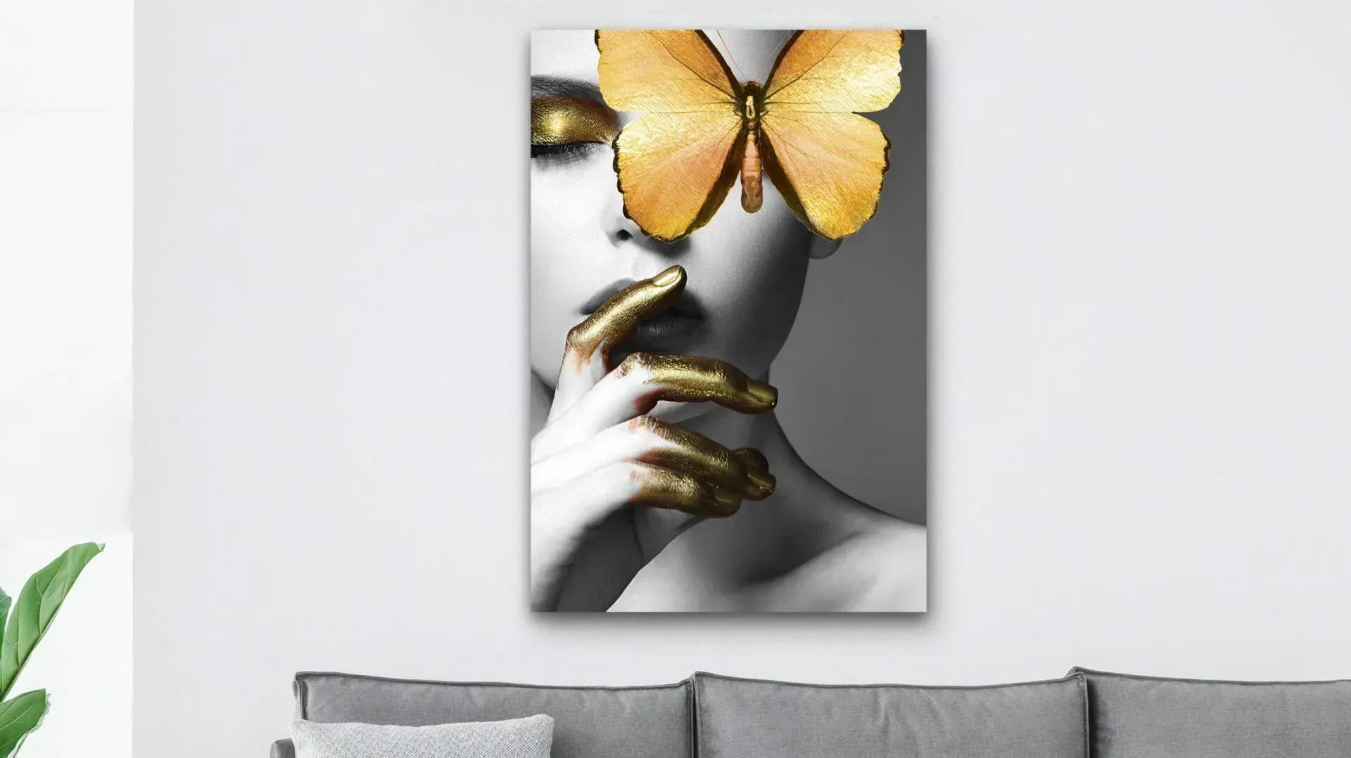 A black and white painting of a woman with a butterfly on her face.