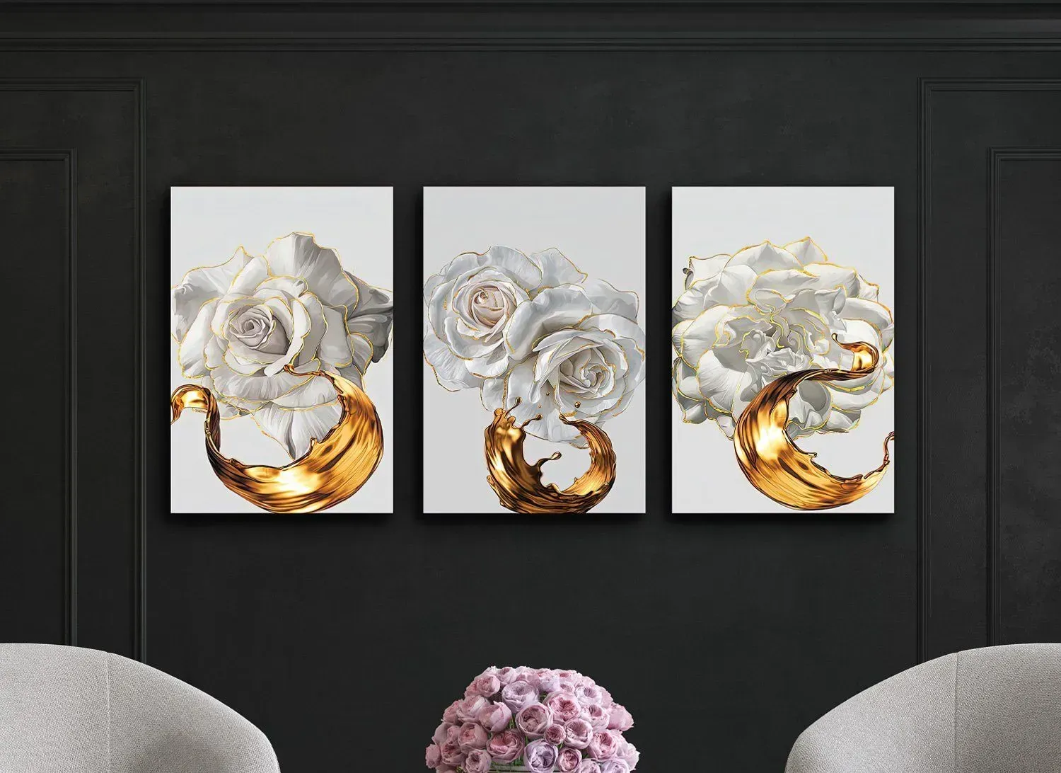 Three paintings of white roses and gold rings are hanging on a wall in a living room.