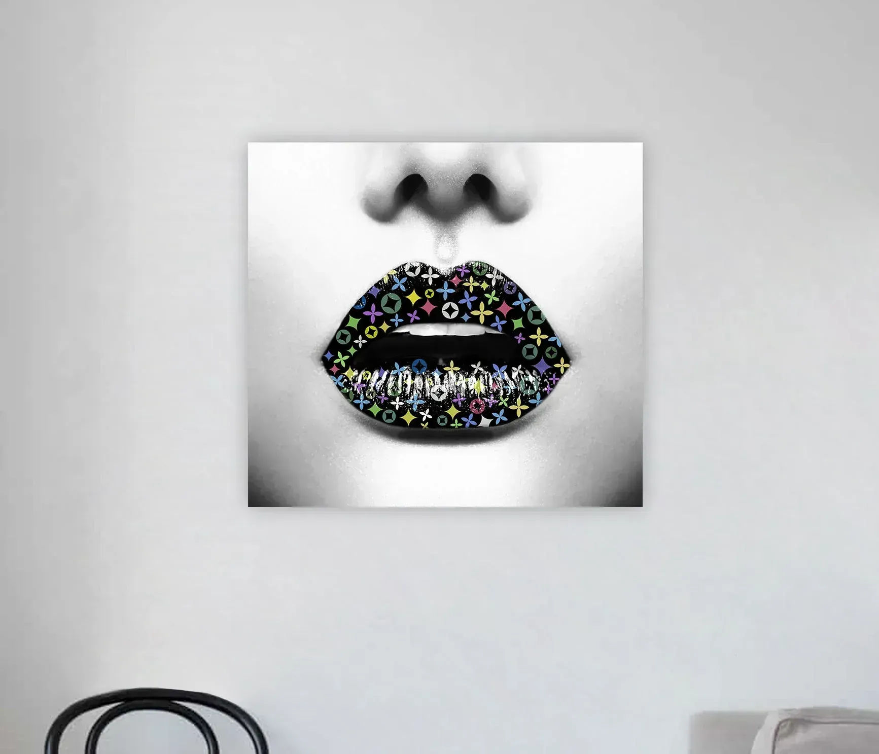 A black and white painting of a woman 's lips