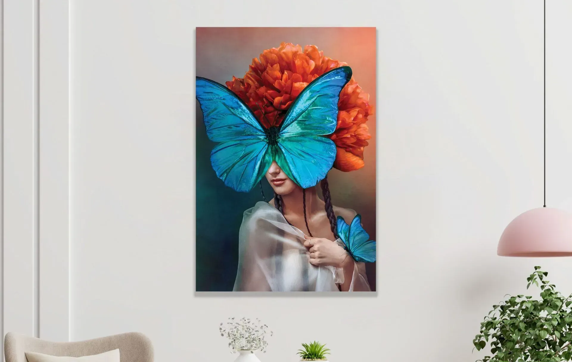 A painting of a woman with a butterfly on her face.
