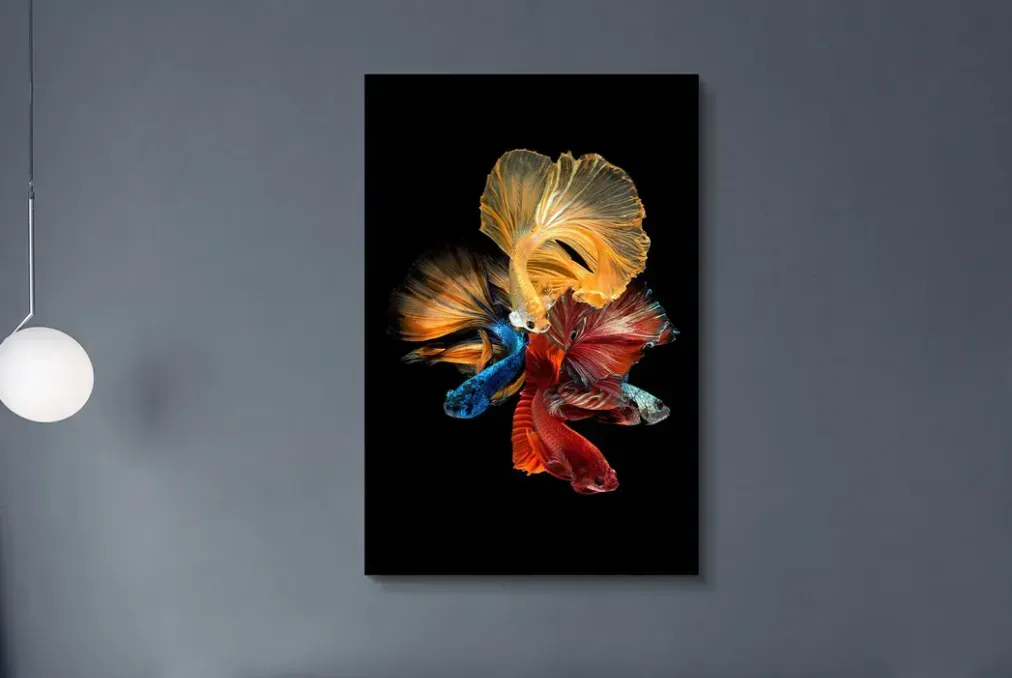 A painting of a fish on a black background is hanging on a wall.