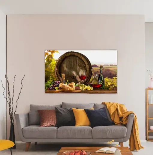 A living room with a couch and a painting on the wall