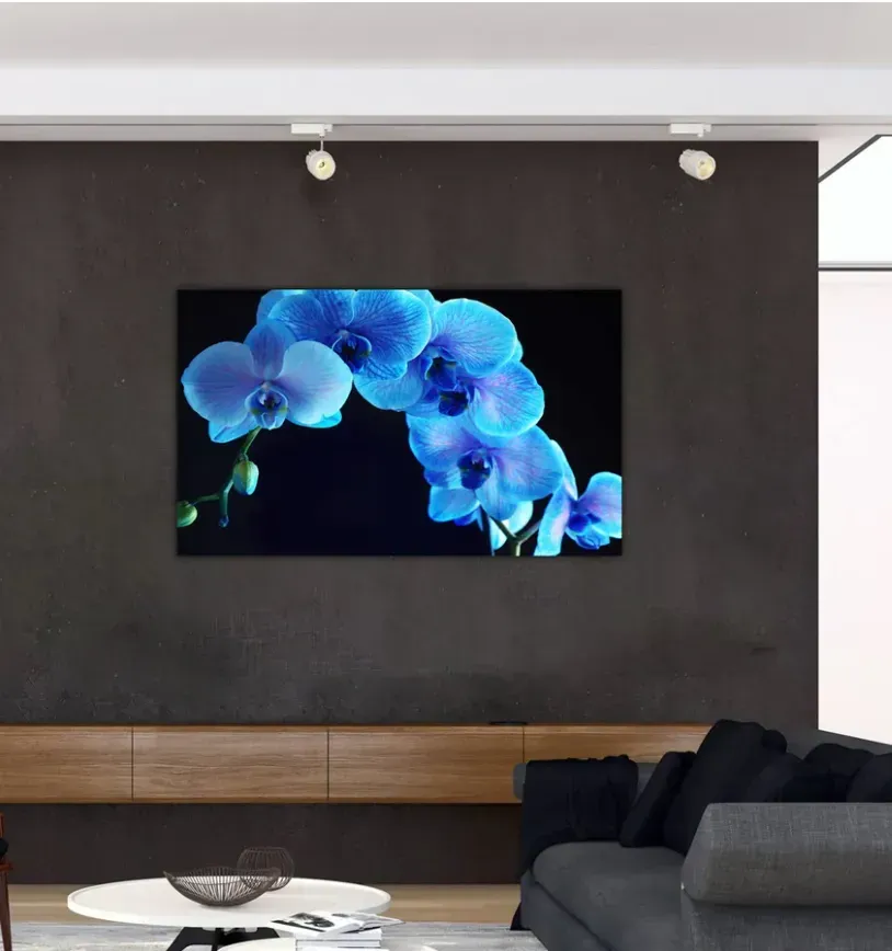 A living room with a picture of blue flowers on the wall