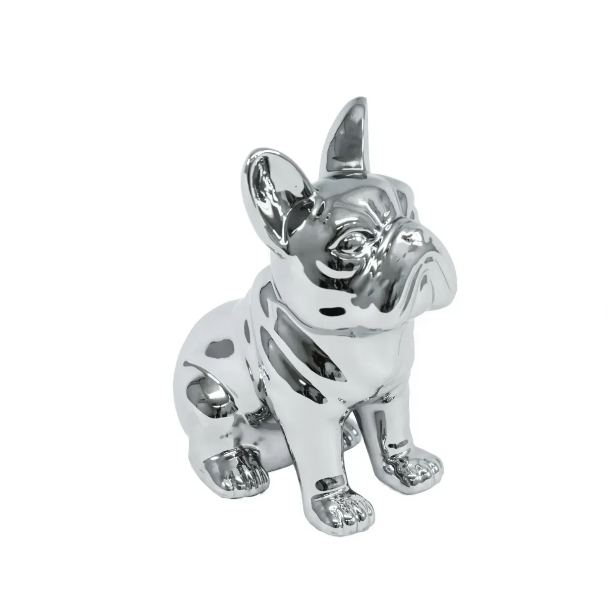 A silver french bulldog is sitting on a white background