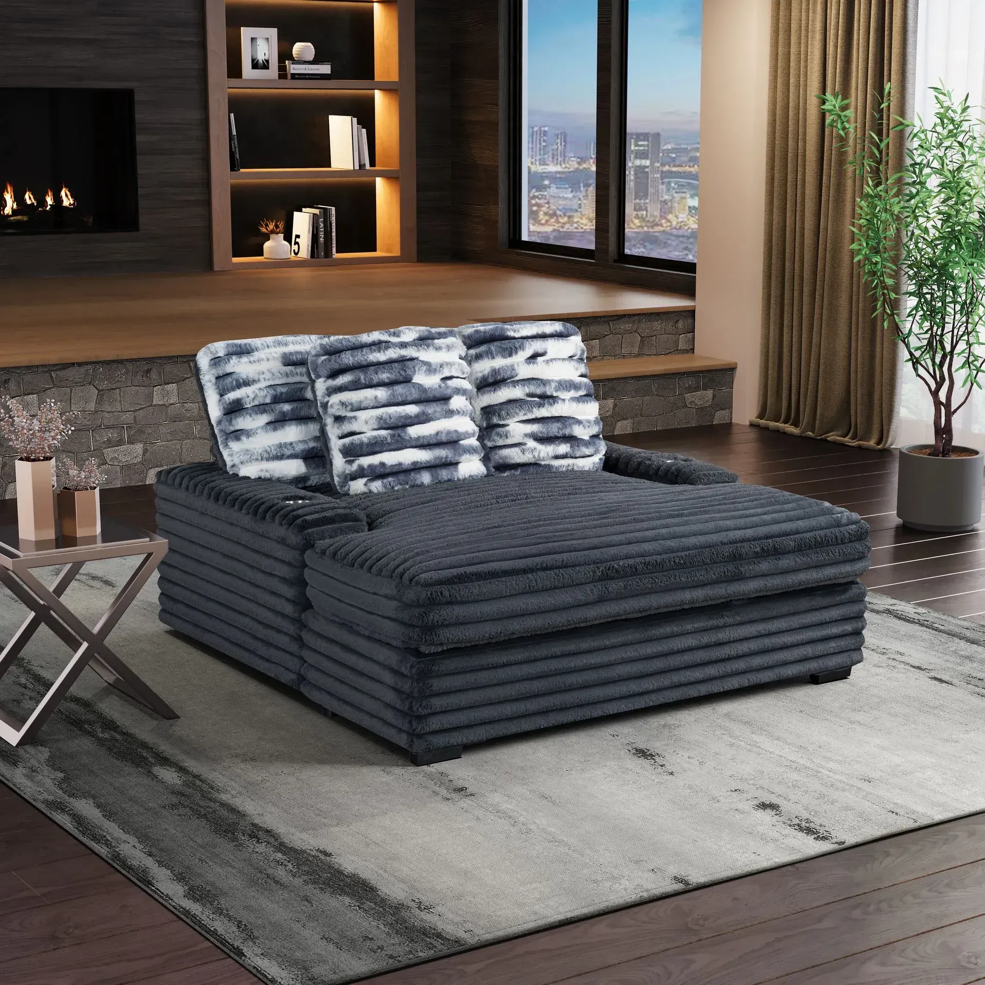 A living room with a couch and a rug