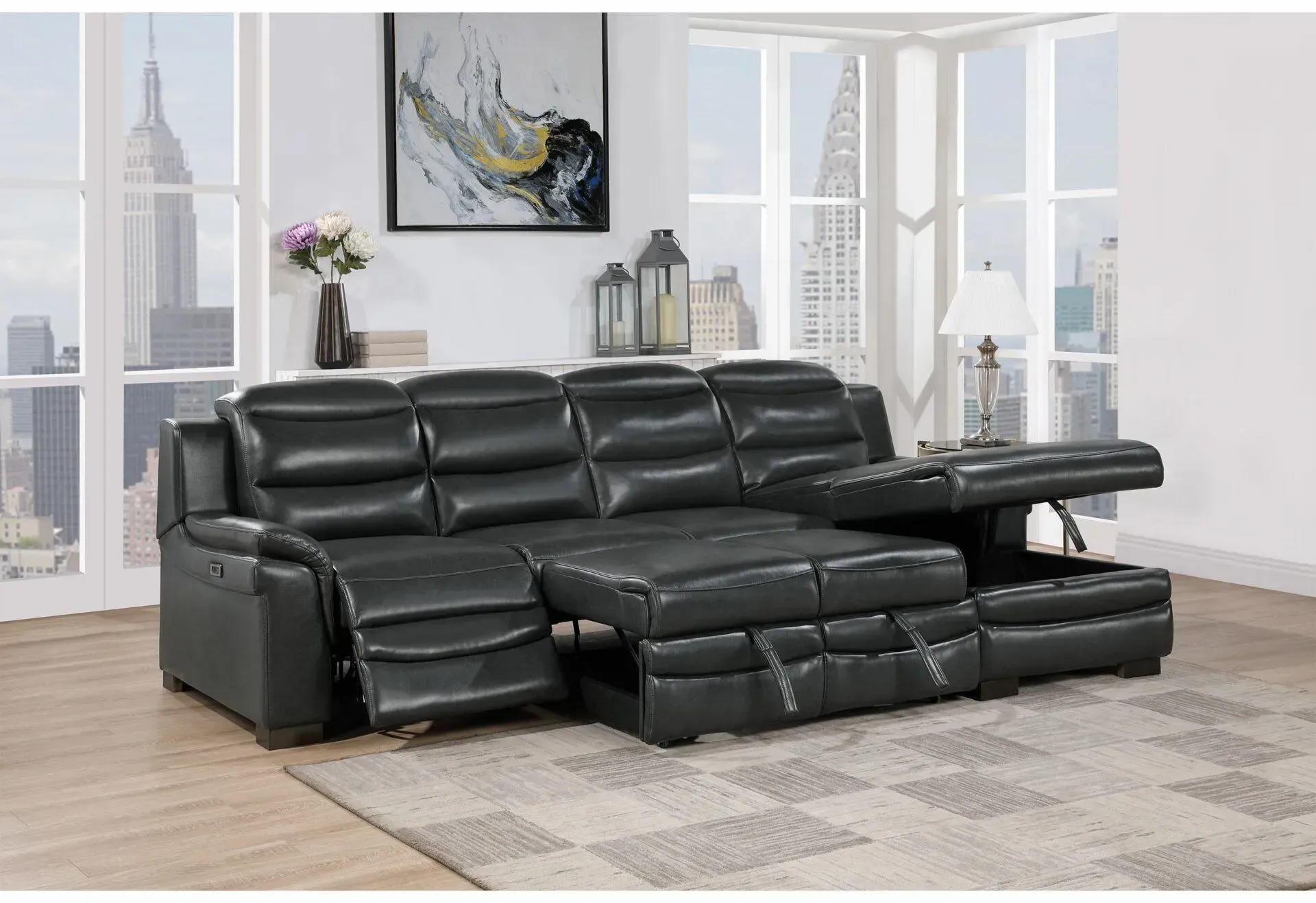 A black leather sectional couch is sitting in a living room next to a window.