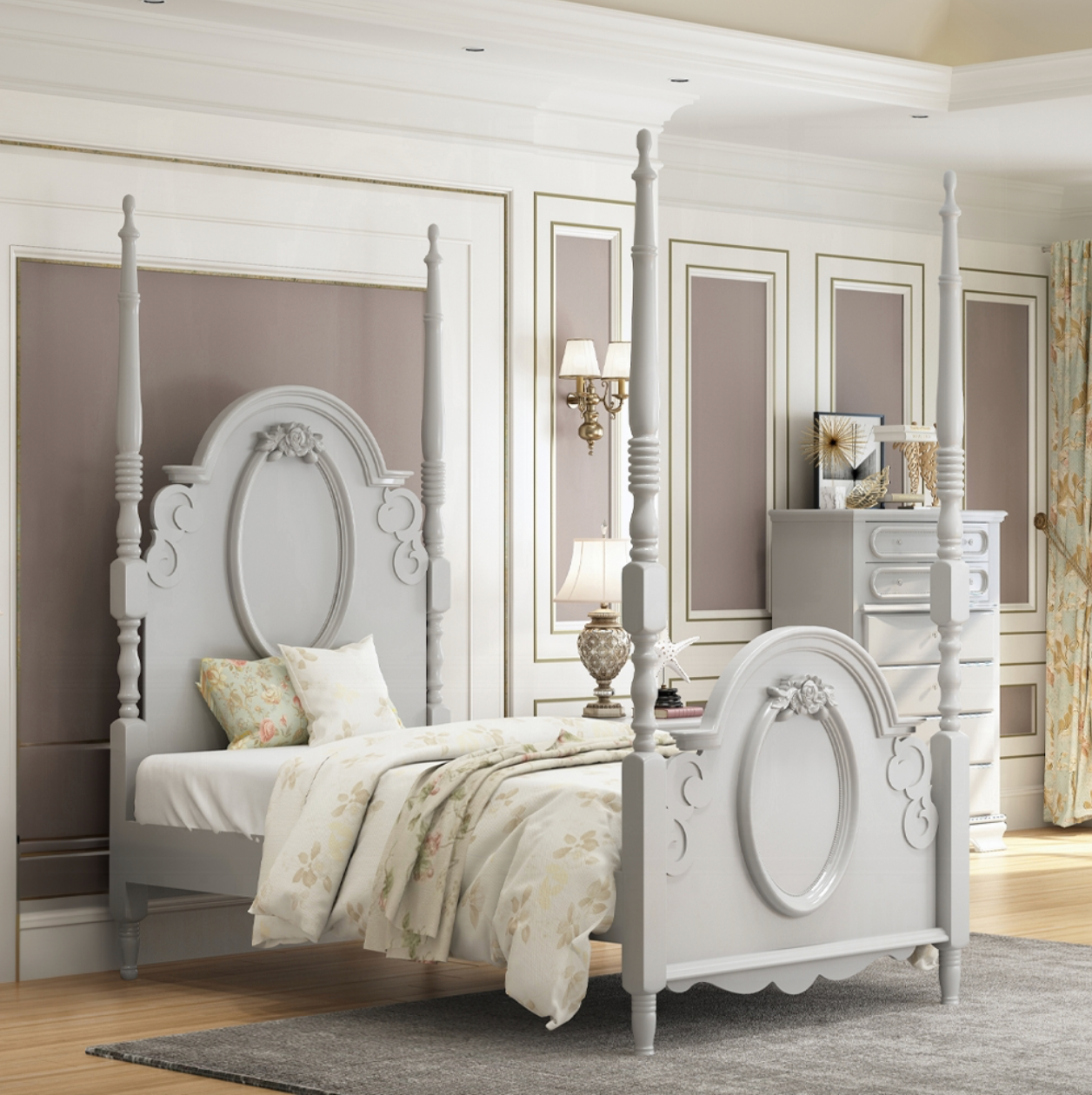 A bedroom with a canopy bed and a dresser