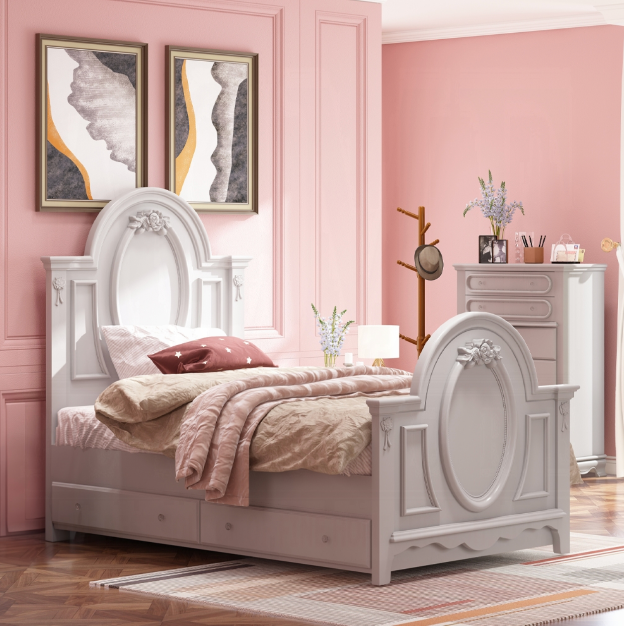 A bedroom with pink walls and a white bed.