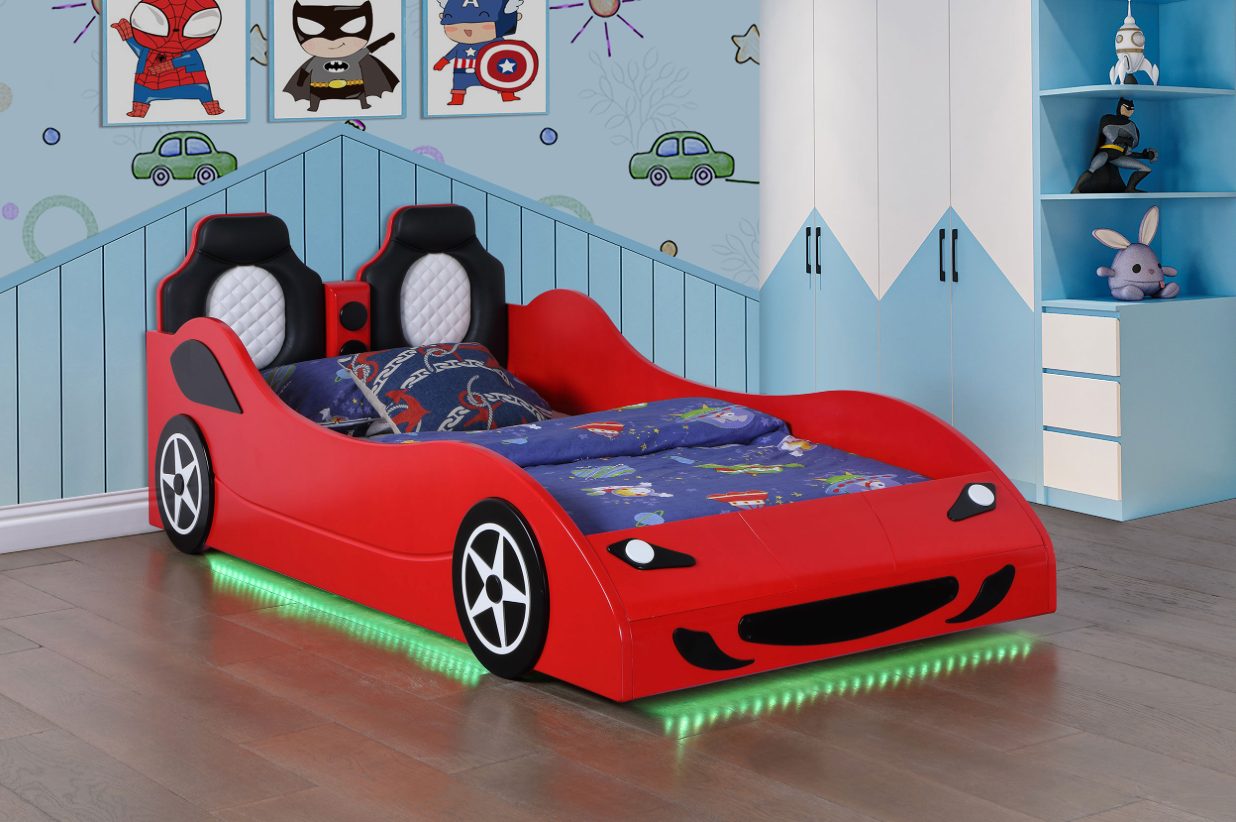A red car bed in a child 's room