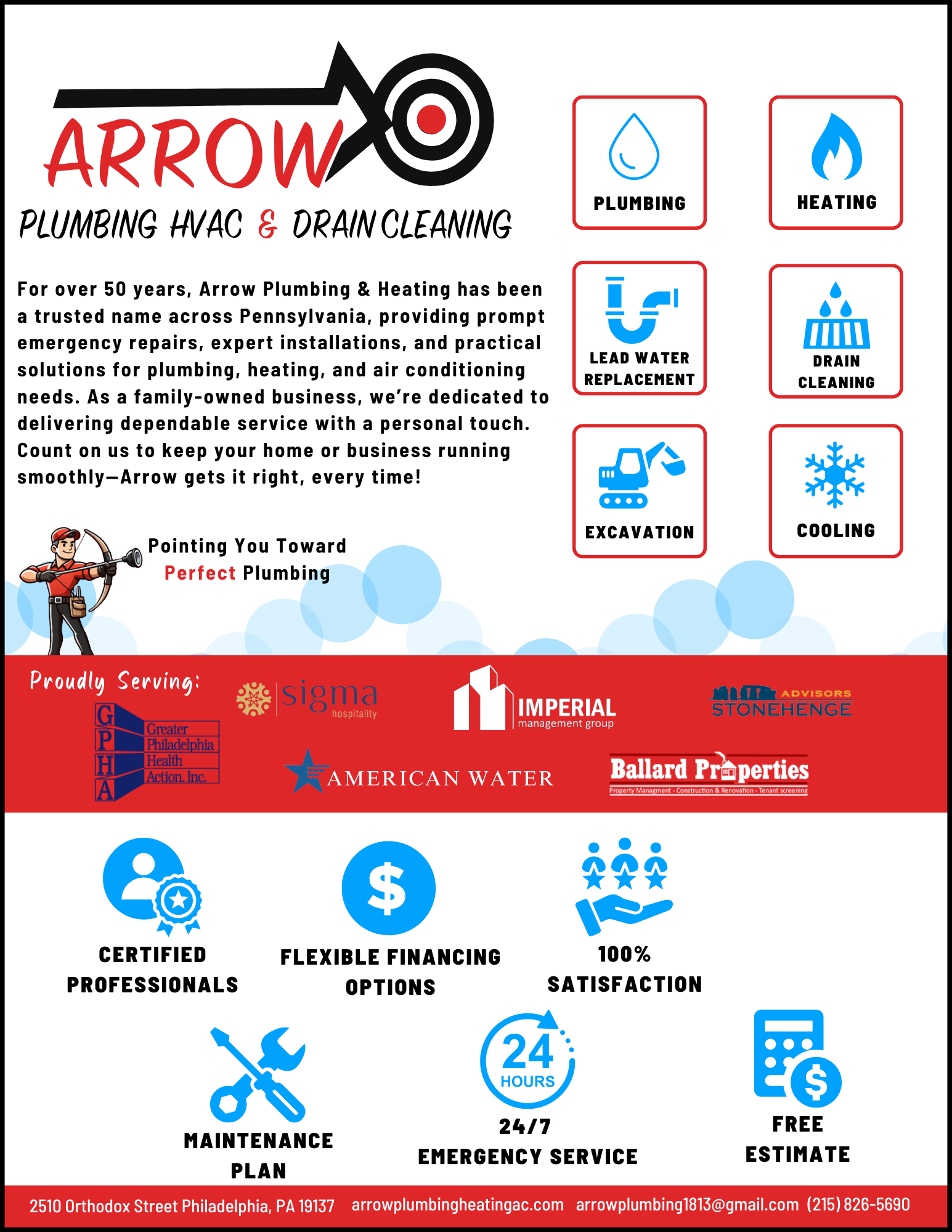 A flyer for arrow plumbing and drain cleaning