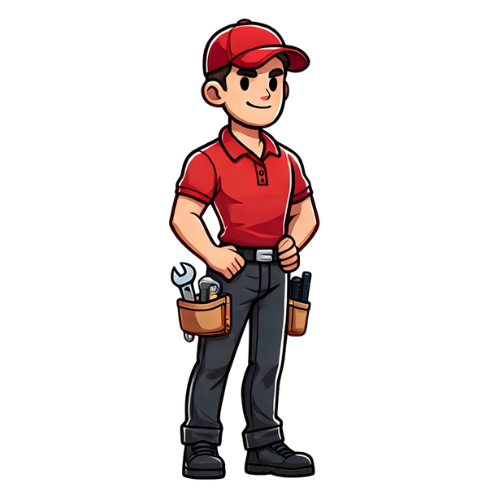 A man in a red shirt and hat is holding a wrench and a tool belt.
