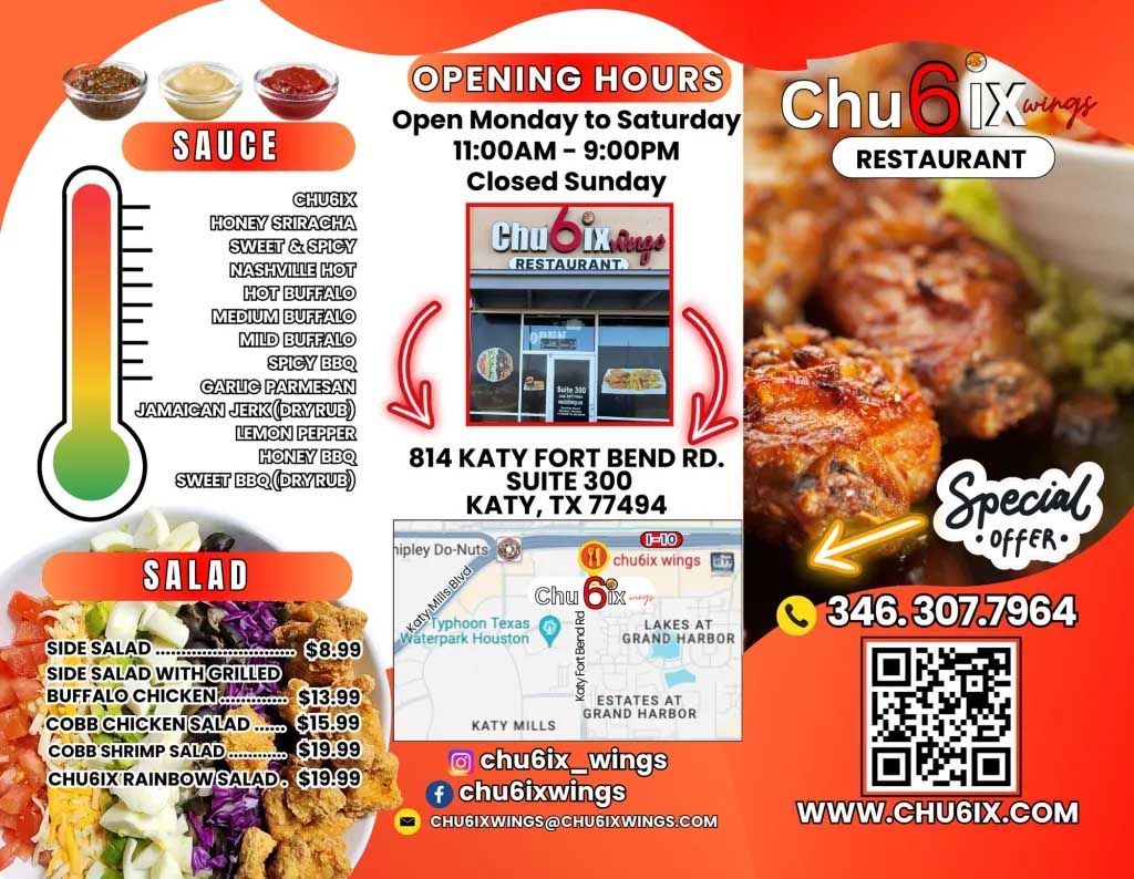 Restaurant advertisement for Chu 6ix in Katy, TX. Features menu items, opening hours, address, phone number, and QR code.