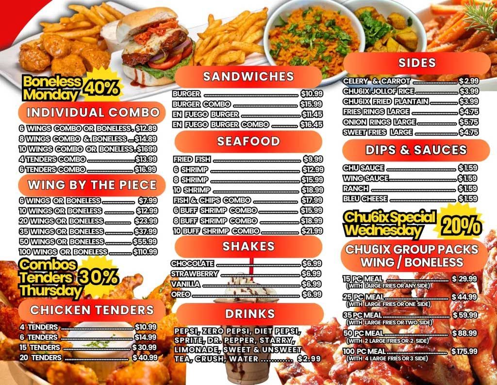 Restaurant menu with sandwiches, sides, and drinks. Specials include wing/boneless discounts.