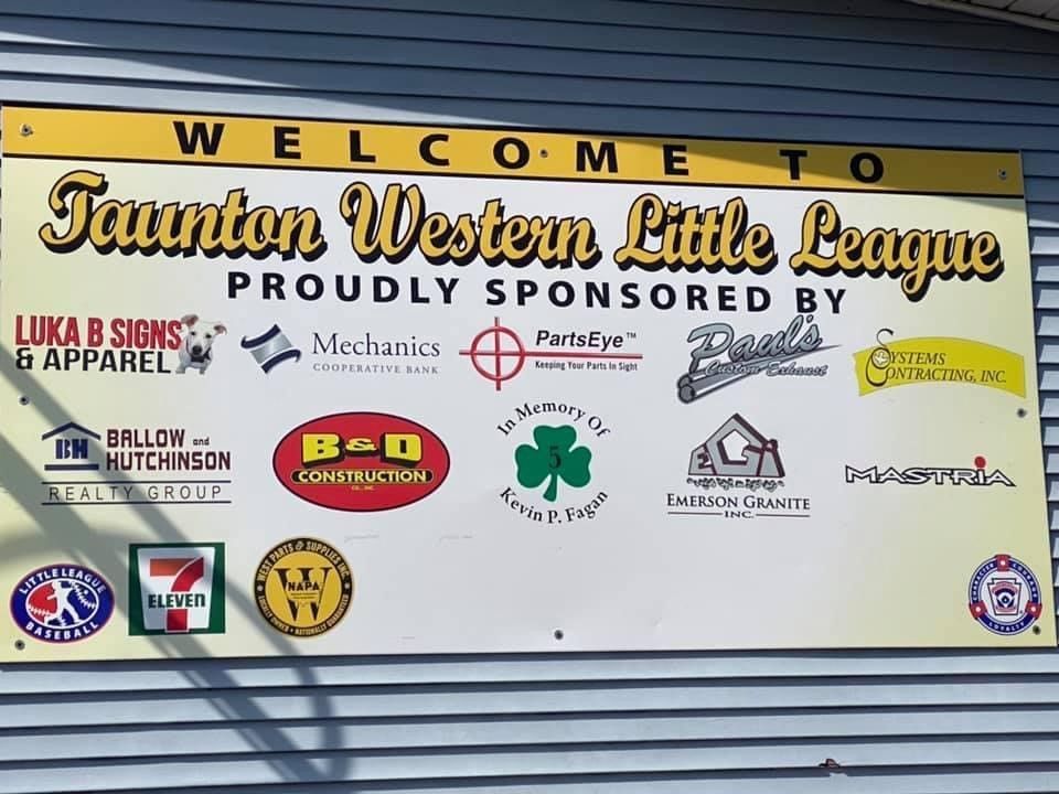 A sign that says welcome to taunton western little league.
