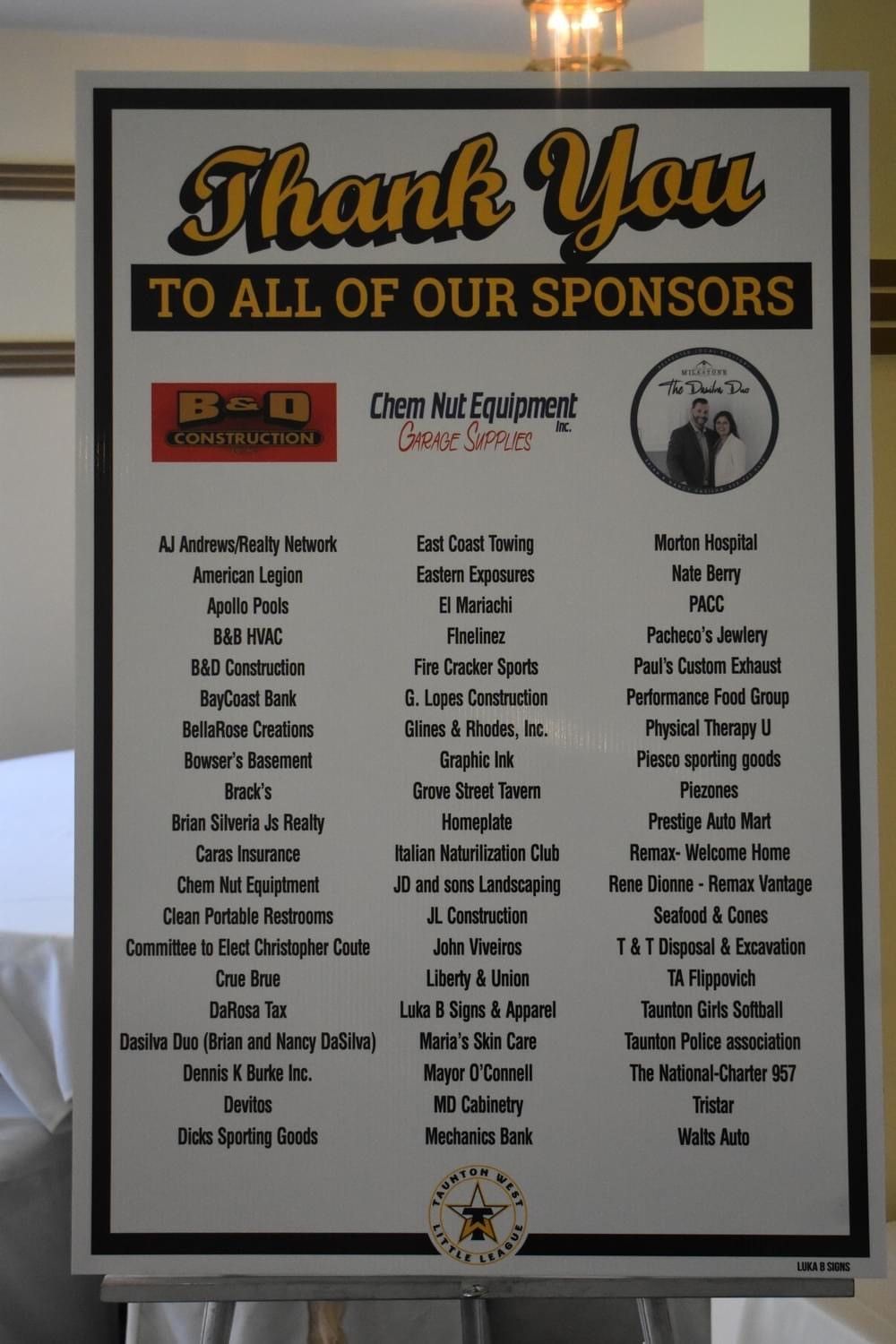 A sign that says thank you to all of our sponsors.