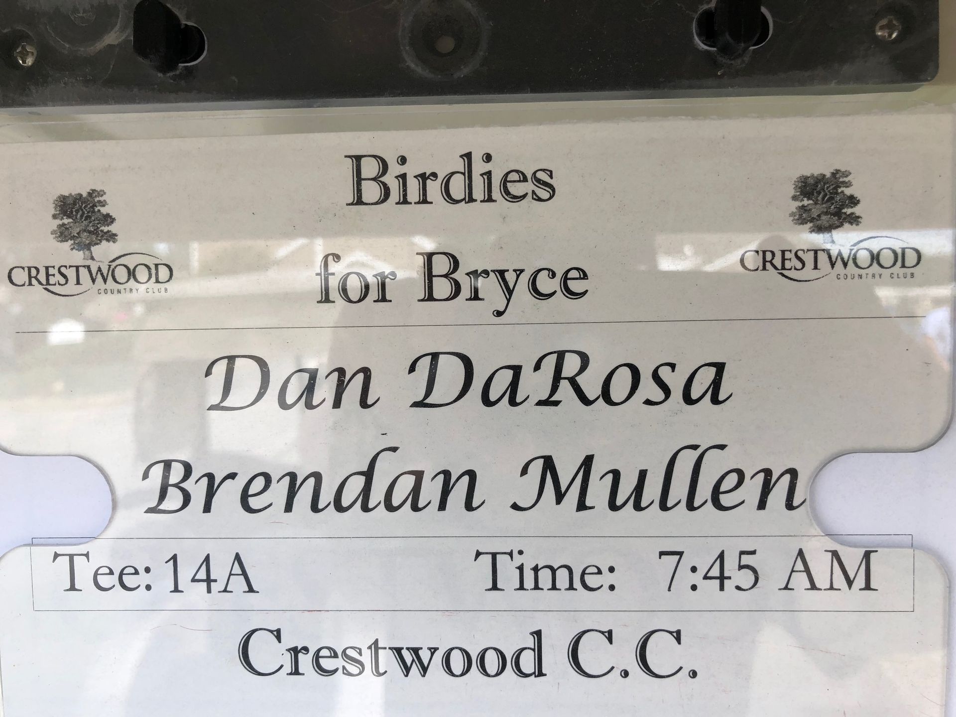 Birdies for bryce dan darosa brendan mullen tee 14a time 7:45 am crestwood c.c.
