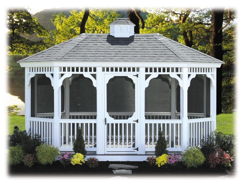 A white gazebo with a screened in porch and a roof
