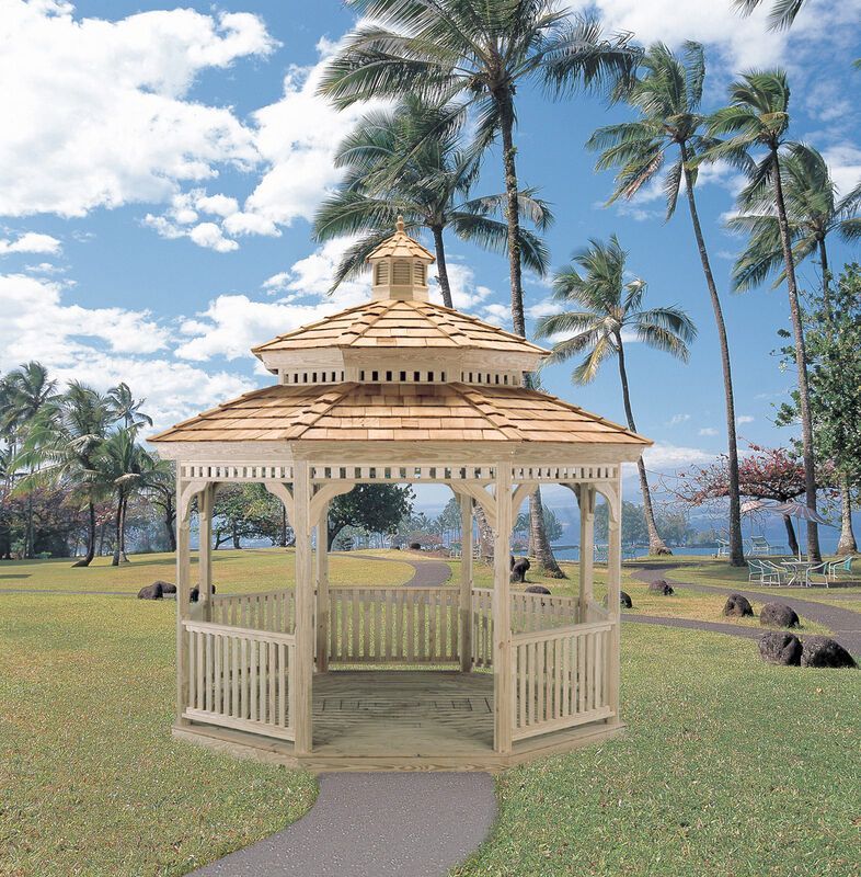 A gazebo in a park with palm trees in the background