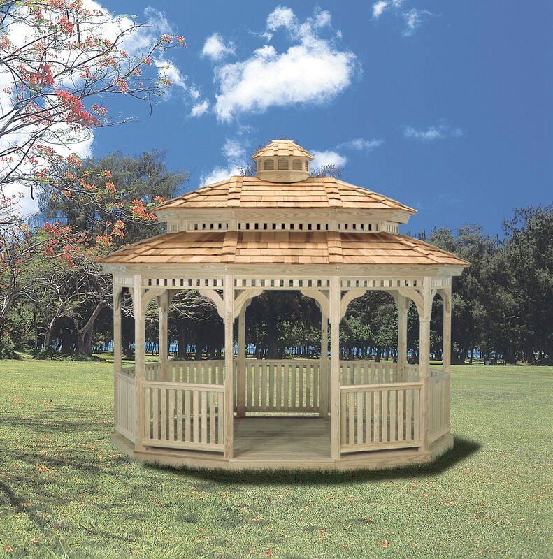 A wooden gazebo is sitting in the middle of a grassy field