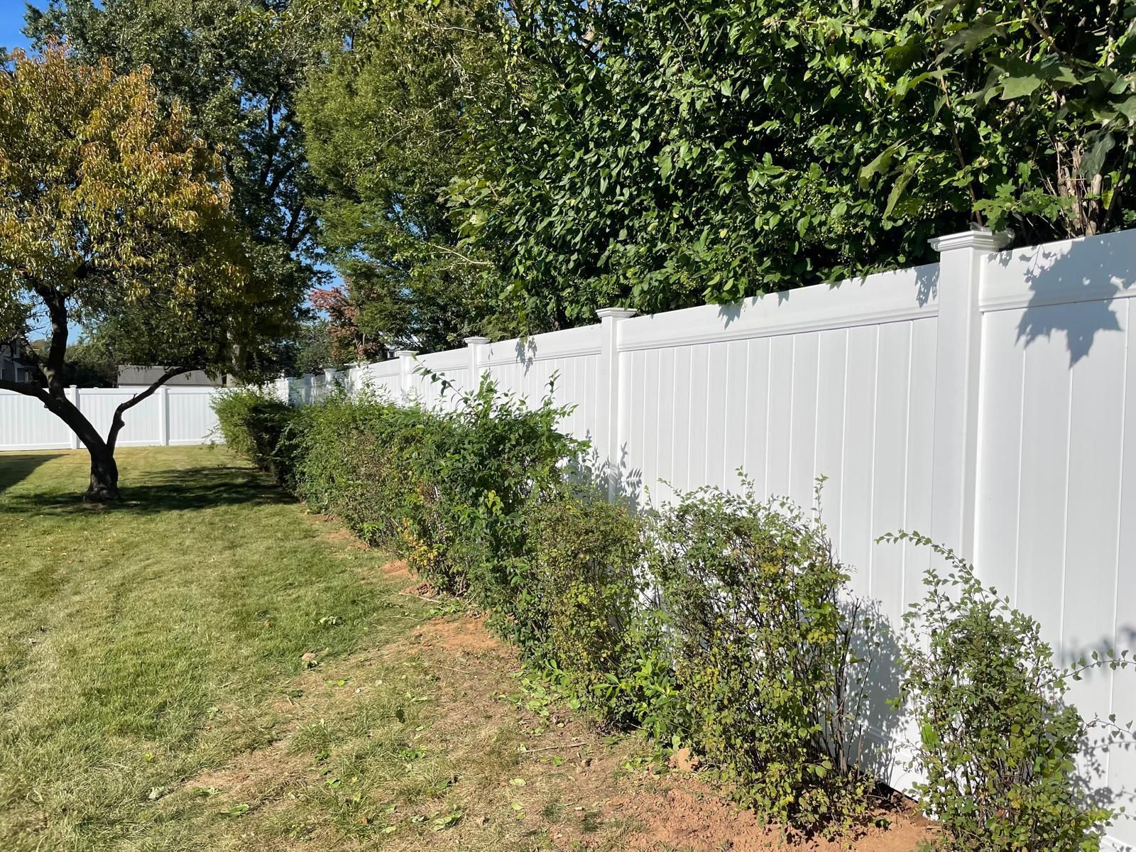 A white fence surrounds a lush green yard with trees and bushes.