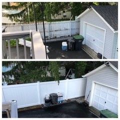 A before-and-after picture of a white vinyl fence in a backyard