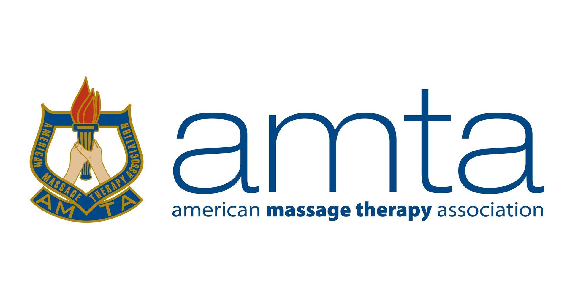 American Massage Therapy Association logo with blue text and a torch emblem