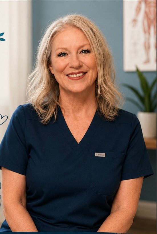 Smiling woman in navy scrubs seated indoors against a soft, modern office backdrop