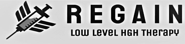 Logo for Regain: syringe with wings, black text on white background, 