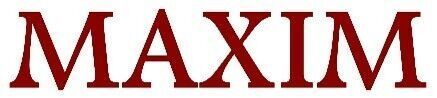 MAXIM in dark red serif font.